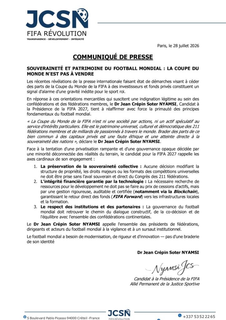 Coupe du monde : le Dr Jean Crépin Soter Nyamsi candidat à la Présidence de la FIFA s&rsquo;oppose au projet de cession de parts à des investisseurs privés